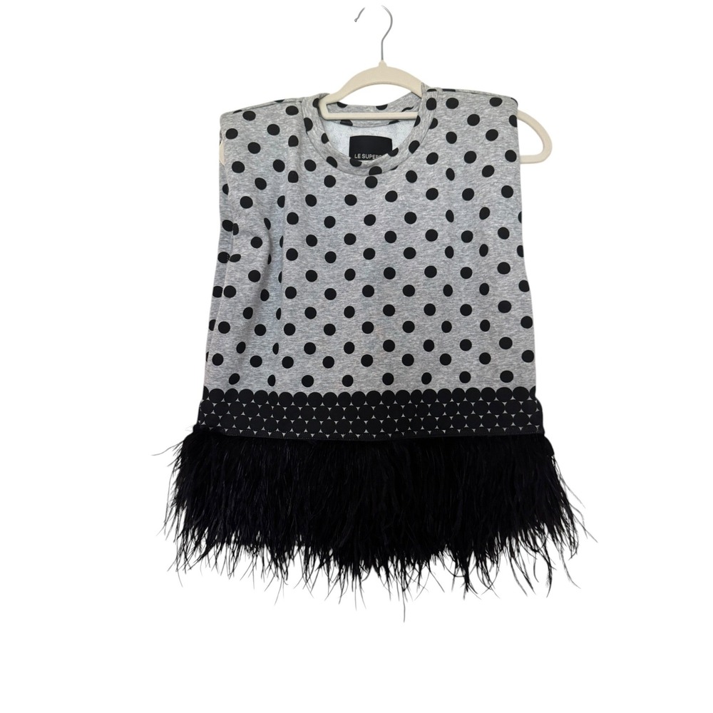Le Superbe Gray Polka Dot 100% Ostrich Feather Trim Top Sz M Sleeveless NWT Mod